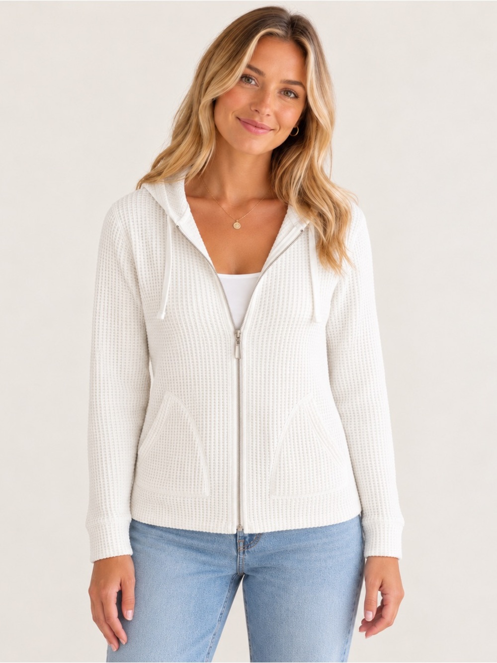 Northern Reflections Women’s White Waffle Knit Full Zip Hoodie Size L